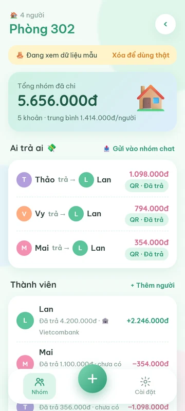 Màn hình nhóm Chia Tiền Nhỏ Xinh